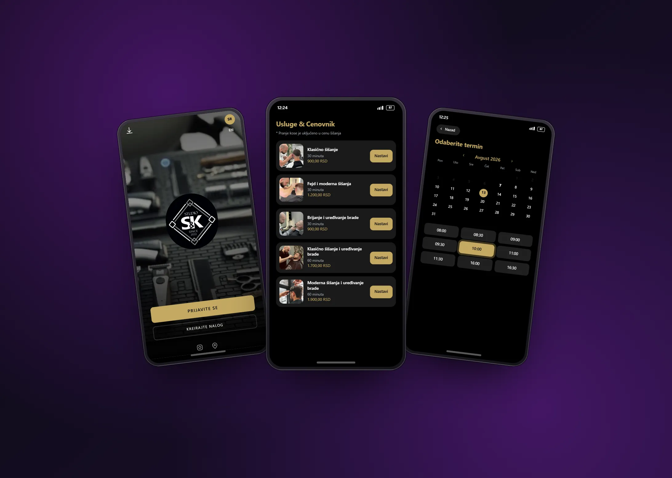 Studio S&K booking app: the sign-in screen, the service list with prices, and the appointment time picker.